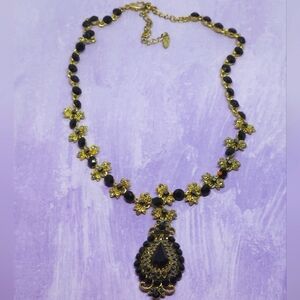 VCLM Gold Tone w/ Black Rhinestones Teardrop Pendant Necklace